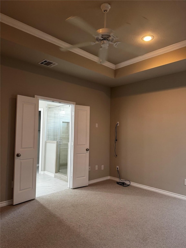514 Sheer Bliss Ln, Fort Worth, TX 76114 - carpeted empty room with ornamental molding, ceiling fan, a raised ceiling, and recessed lighting