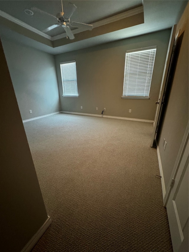 unfurnished bedroom with carpet flooring, ornamental molding, ceiling fan, and a tray ceiling