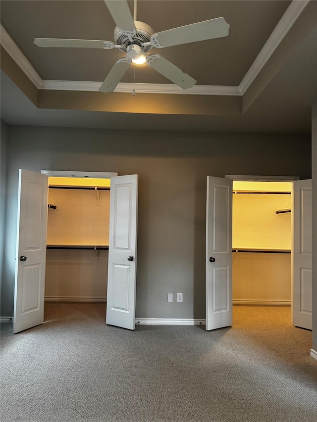 514 Sheer Bliss Ln, Fort Worth, TX 76114 - unfurnished bedroom featuring carpet floors, a raised ceiling, crown molding, ceiling fan, and a closet