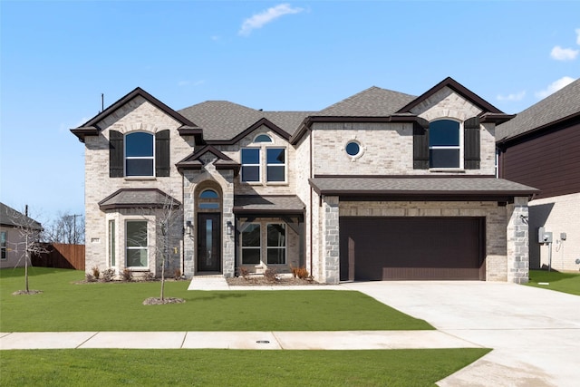 french country home with a garage and a front yard