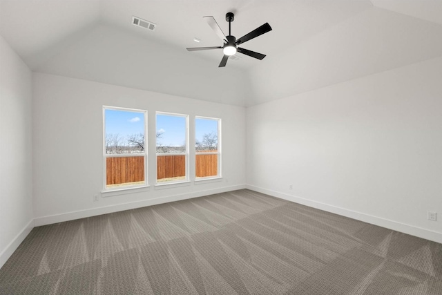 unfurnished room featuring lofted ceiling, carpet floors, and ceiling fan