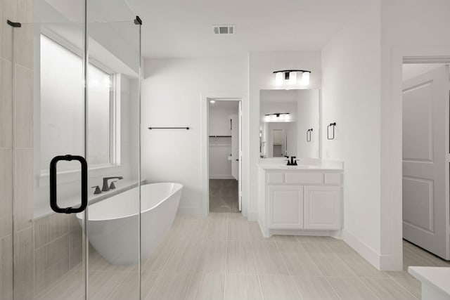 bathroom with vanity and shower with separate bathtub