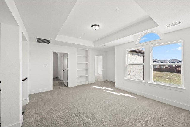 unfurnished bedroom featuring light colored carpet and a raised ceiling