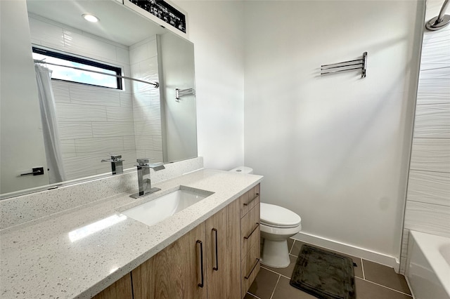 full bathroom featuring vanity, toilet, shower / bathtub combination with curtain, and tile patterned floors