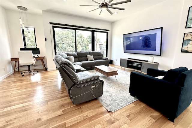 living room featuring ceiling fan and light wood-type flooring