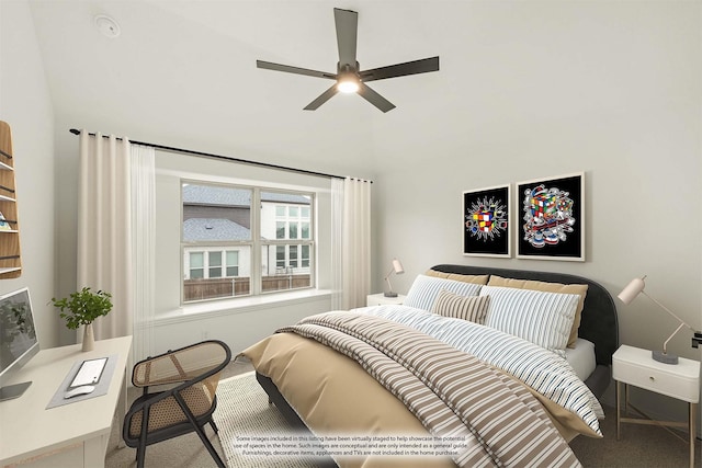 carpeted bedroom with vaulted ceiling