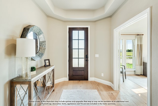 entryway featuring a wealth of natural light, a tray ceiling, and light wood-type flooring