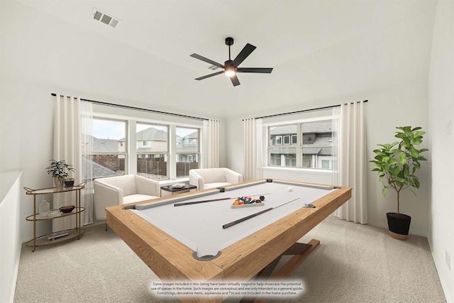 recreation room with lofted ceiling, pool table, light colored carpet, and ceiling fan