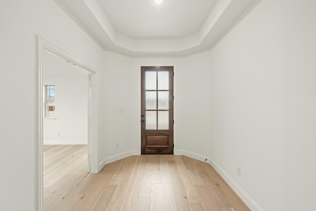 entryway featuring a raised ceiling and light wood-type flooring