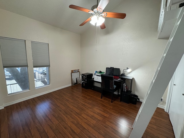 office area featuring dark hardwood / wood-style flooring and ceiling fan