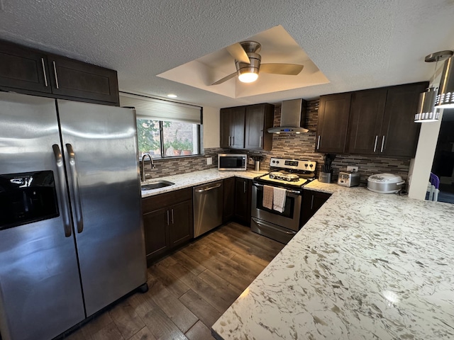 kitchen featuring sink, wall chimney exhaust hood, stainless steel appliances, a raised ceiling, and dark hardwood / wood-style flooring