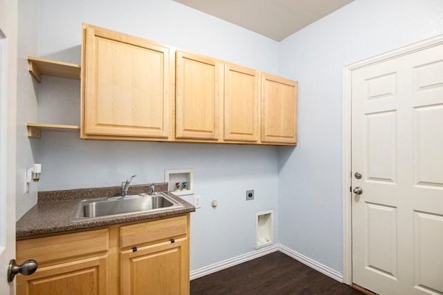 laundry area featuring cabinets, washer hookup, dark wood-type flooring, sink, and electric dryer hookup