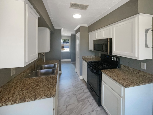 kitchen with crown molding, black electric range, sink, and white cabinets