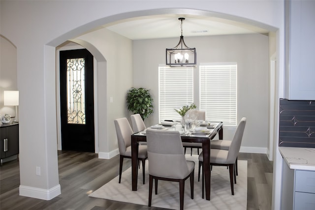 dining room with dark hardwood / wood-style floors, a chandelier, and a wealth of natural light