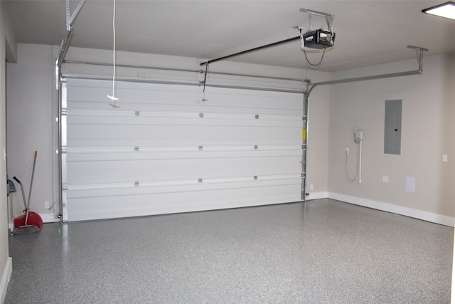 garage with electric panel and a garage door opener