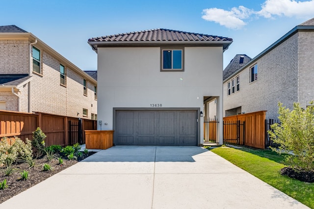 13638 Colony Mews, Frisco, TX 75033 - view of front of property with a tiled roof, an attached garage, fence, stucco siding, and driveway