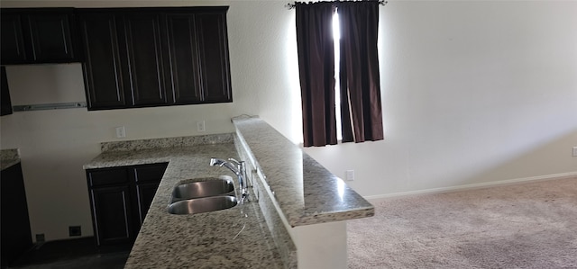 kitchen with carpet floors, sink, and light stone counters