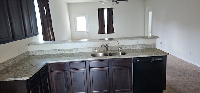 kitchen featuring ceiling fan, sink, kitchen peninsula, carpet floors, and black dishwasher