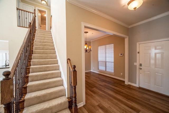 entrance foyer with a notable chandelier, crown molding, and dark hardwood / wood-style flooring