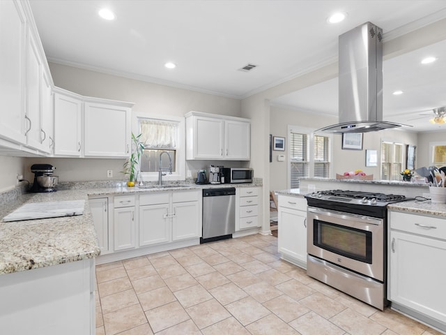 kitchen featuring sink, white cabinetry, ornamental molding, island exhaust hood, and stainless steel appliances