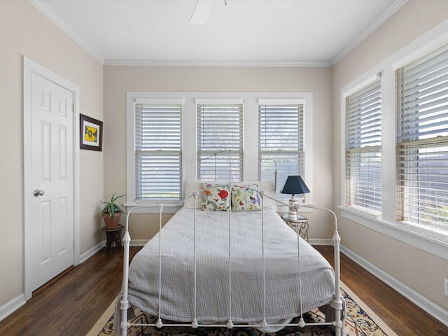 bedroom with crown molding, dark hardwood / wood-style floors, and multiple windows