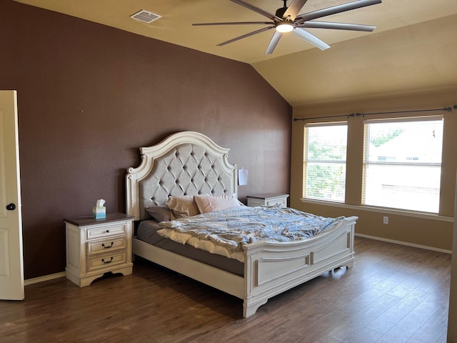 11536 Clover Knoll Dr, Frisco, TX 75035 - bedroom with dark wood-type flooring, lofted ceiling, and a ceiling fan