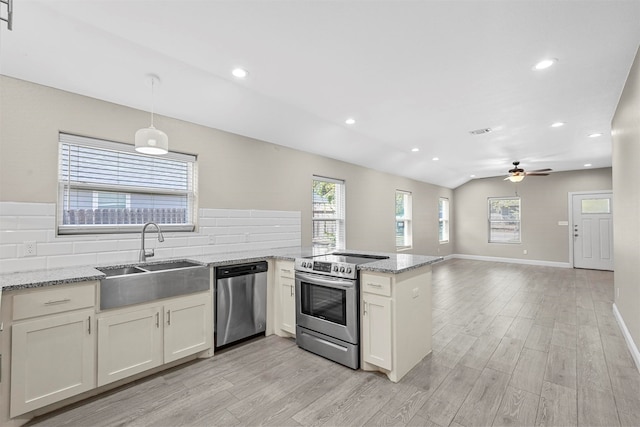 kitchen featuring ceiling fan, stainless steel appliances, sink, and light hardwood / wood-style flooring