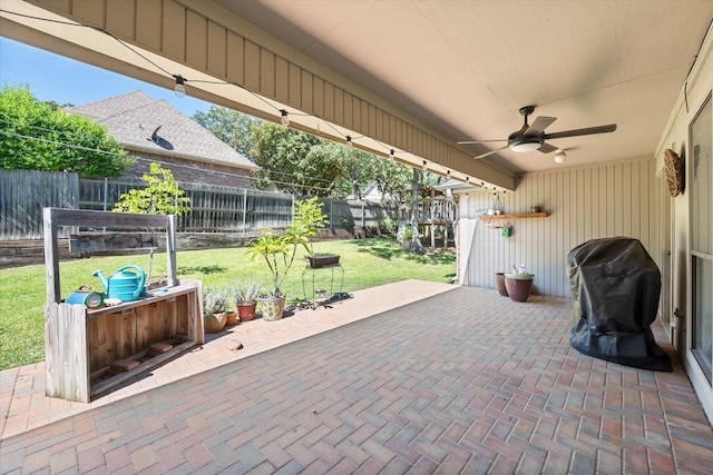 view of patio / terrace featuring ceiling fan and area for grilling