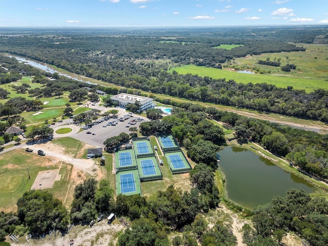 drone / aerial view with a water view