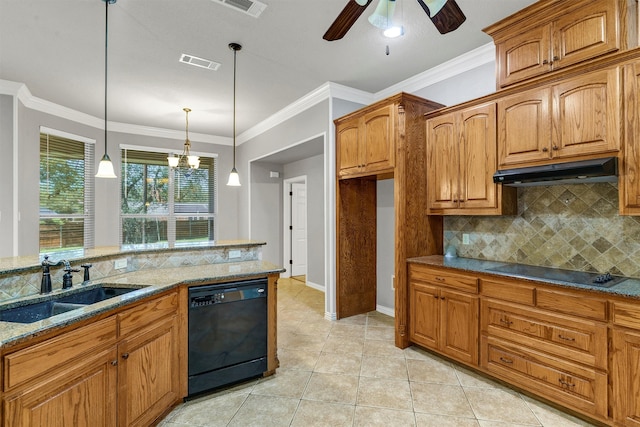 kitchen with light stone counters, black appliances, crown molding, decorative light fixtures, and sink