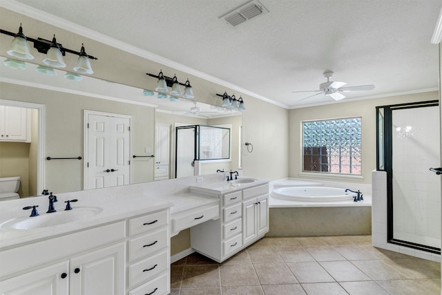 full bathroom with a textured ceiling, shower with separate bathtub, vanity, and ornamental molding