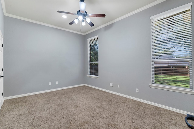 unfurnished room featuring ornamental molding, ceiling fan, plenty of natural light, and carpet floors