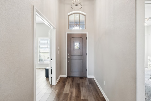 entryway featuring a chandelier and hardwood / wood-style flooring