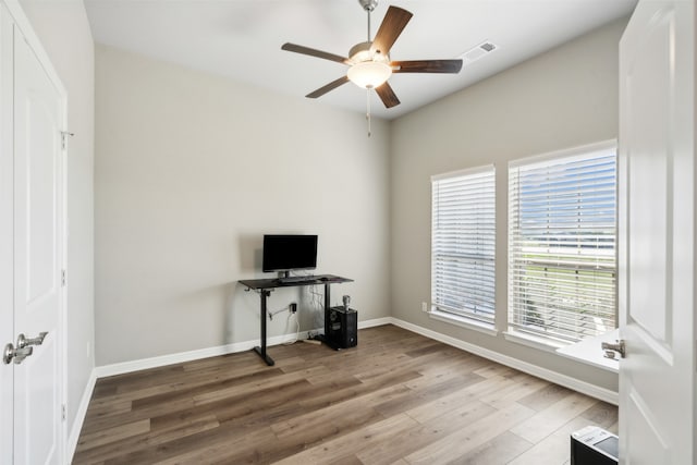 office area featuring ceiling fan and hardwood / wood-style flooring