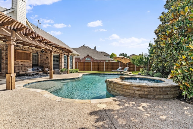 view of pool with a patio, an in ground hot tub, and a pergola