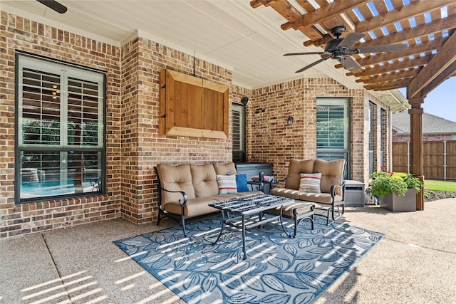 view of patio with a pergola, outdoor lounge area, and ceiling fan