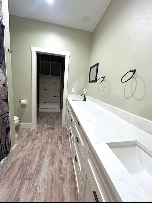 bathroom with wood-type flooring, vanity, and toilet