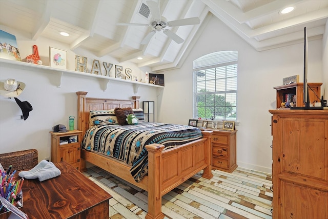 bedroom featuring light hardwood / wood-style floors, lofted ceiling with beams, and ceiling fan