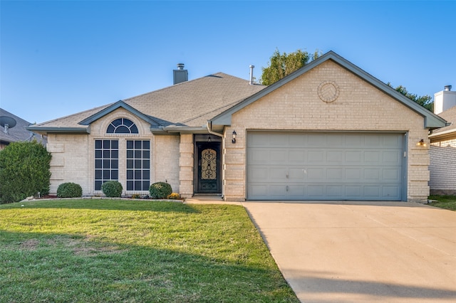 ranch-style house featuring a front yard and a garage