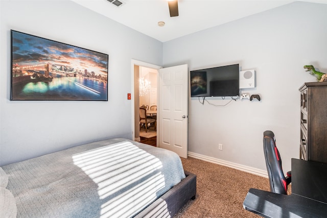 carpeted bedroom featuring ceiling fan and lofted ceiling