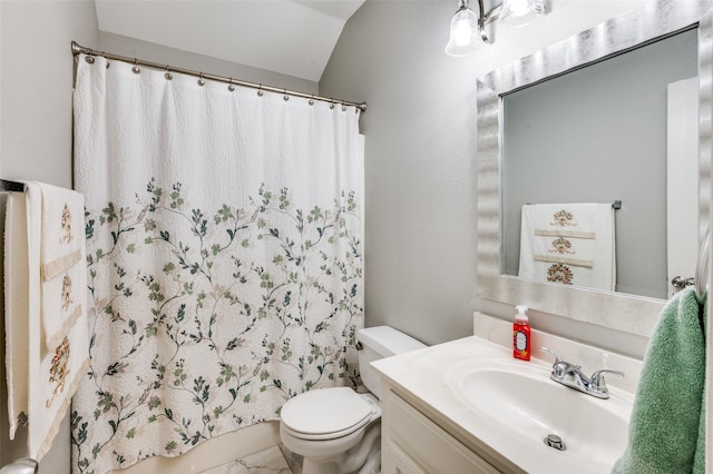 bathroom with walk in shower, vanity, lofted ceiling, and toilet