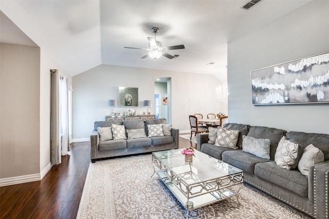 living room featuring ceiling fan, hardwood / wood-style flooring, and lofted ceiling