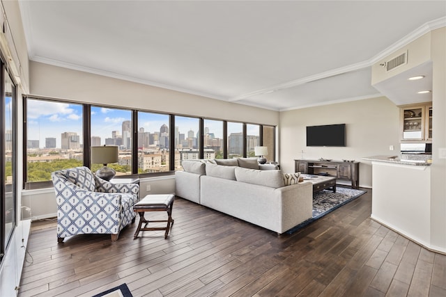 living room featuring crown molding and dark hardwood / wood-style flooring