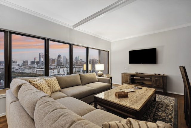 living room featuring crown molding and dark hardwood / wood-style flooring