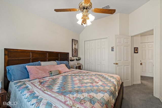 bedroom featuring ceiling fan, carpet floors, and vaulted ceiling