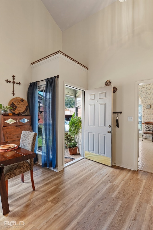 foyer entrance featuring high vaulted ceiling and light hardwood / wood-style flooring