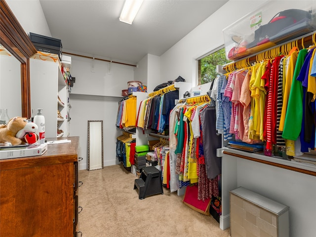 spacious closet featuring light colored carpet