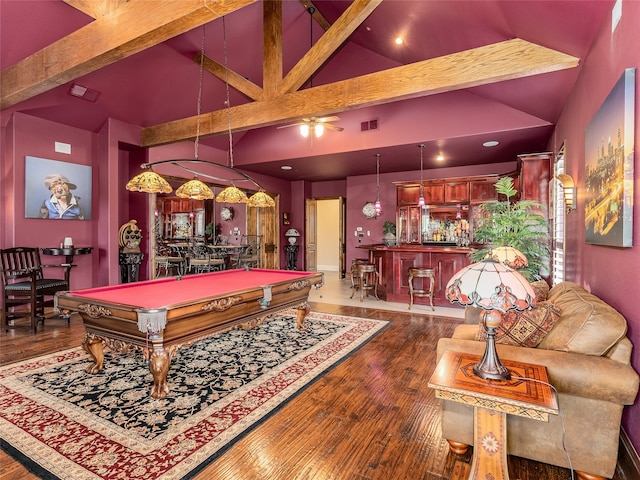 game room with hardwood / wood-style flooring, high vaulted ceiling, billiards, and ceiling fan