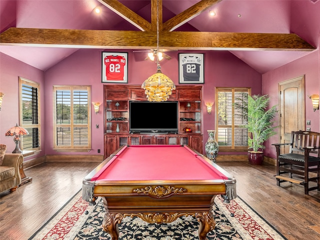 playroom with hardwood / wood-style flooring, beamed ceiling, plenty of natural light, and ceiling fan