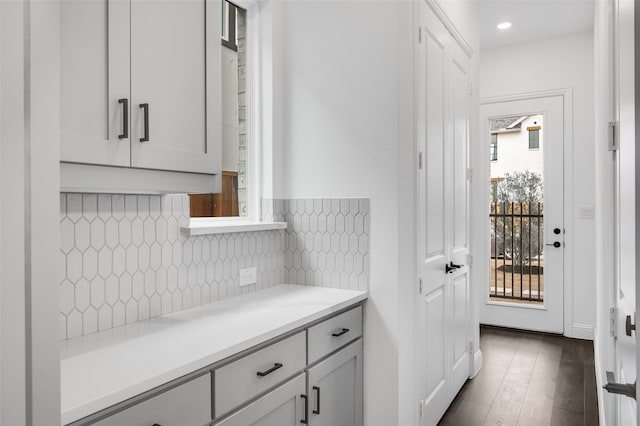 interior space featuring tasteful backsplash, wood finished floors, and vanity